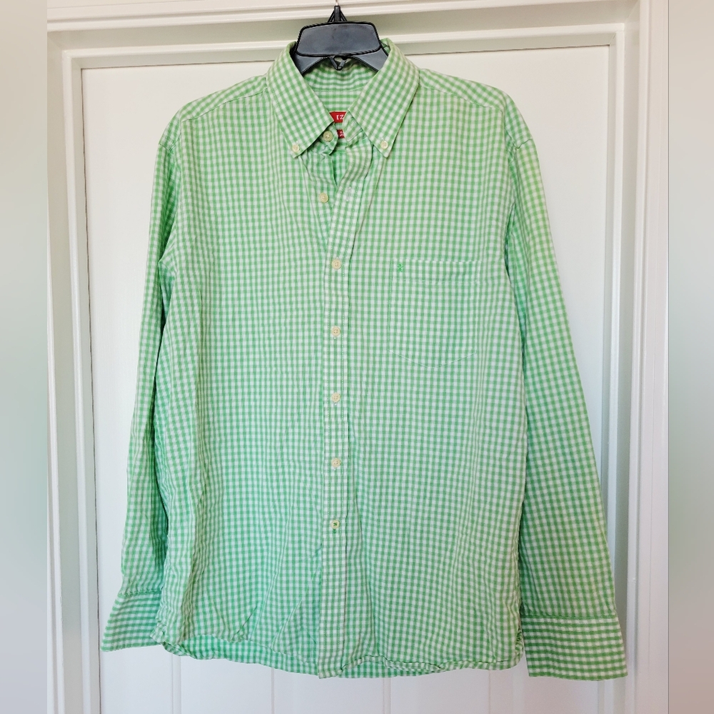Izod Slim Fit Green Checked Button-down Shirt